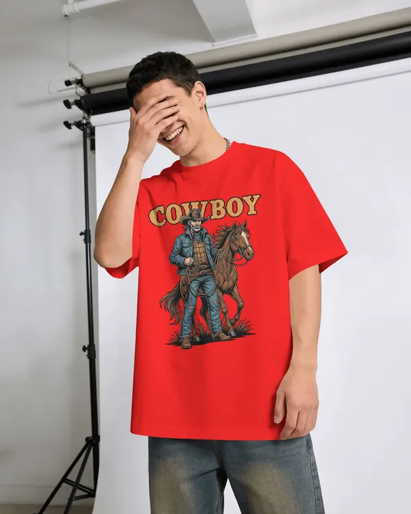Red_Cotton_Cowboy_With_Horse_Oversized_Unisex_T-Shirt_|_Western_Partner_Graphic