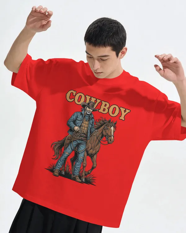 Red_Cotton_Cowboy_With_Horse_Oversized_Unisex_T-Shirt_|_Western_Partner_Graphic