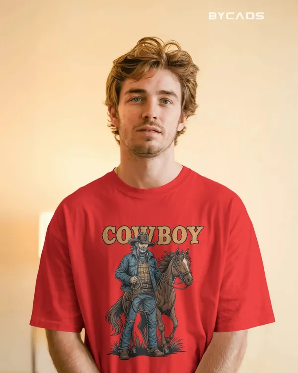 Red_Cotton_Cowboy_With_Horse_Oversized_Unisex_T-Shirt_|_Western_Partner_Graphic