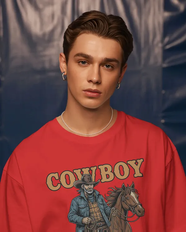 Red_Cotton_Cowboy_With_Horse_Oversized_Unisex_T-Shirt_|_Western_Partner_Graphic