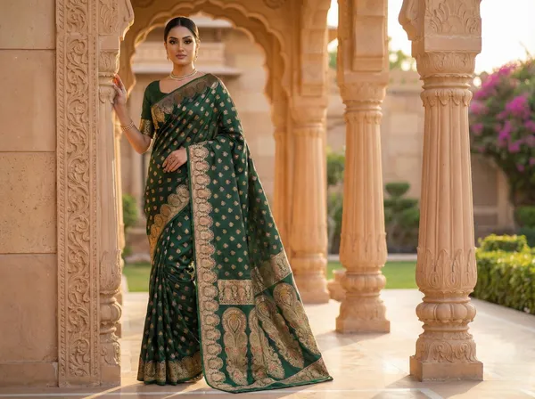 Bottle_Green_Banarasi_Satin_Silk_Saree_With_Gold_Zari_Work