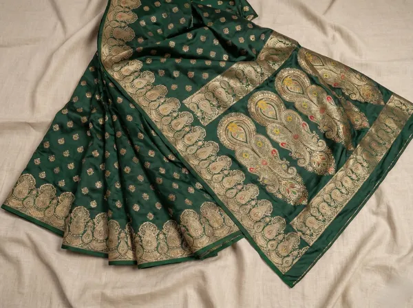 Bottle_Green_Banarasi_Satin_Silk_Saree_With_Gold_Zari_Work