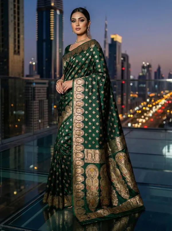 Bottle_Green_Banarasi_Satin_Silk_Saree_With_Gold_Zari_Work