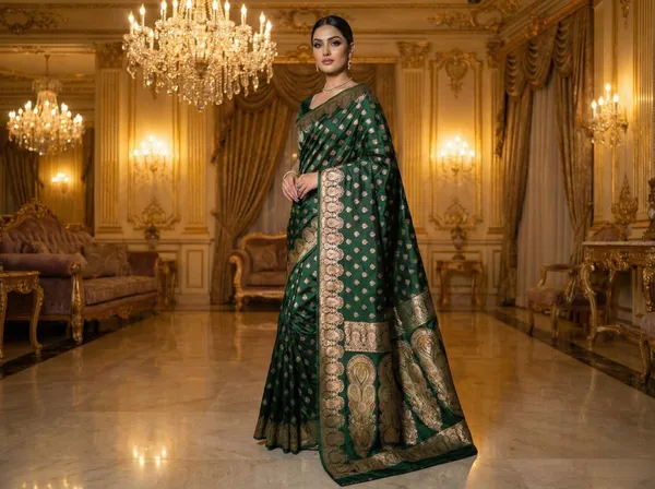 Bottle_Green_Banarasi_Satin_Silk_Saree_With_Gold_Zari_Work