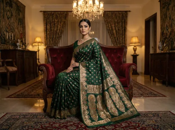 Bottle_Green_Banarasi_Satin_Silk_Saree_With_Gold_Zari_Work