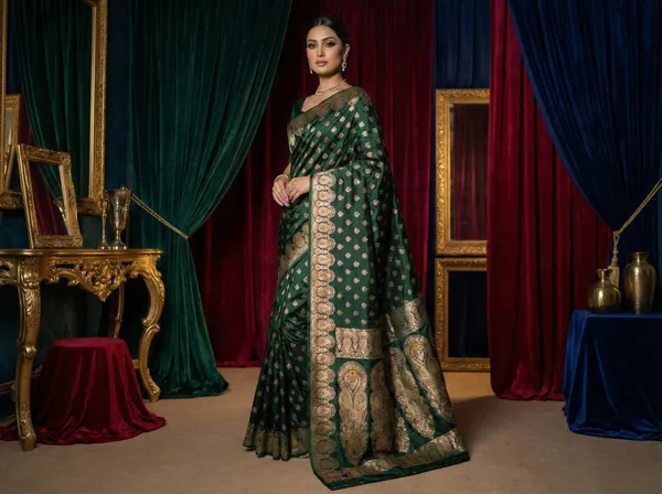 Bottle_Green_Banarasi_Satin_Silk_Saree_With_Gold_Zari_Work
