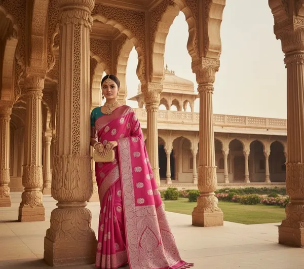 Rani_Pink_Banarasi_Silk_Saree_With_Antique_Silver_Zari