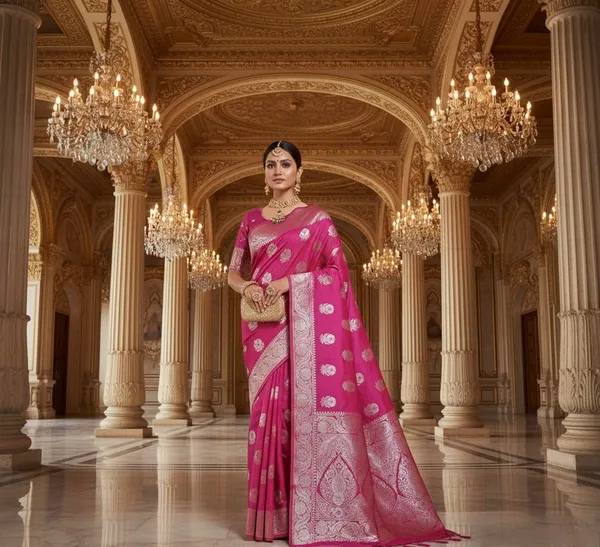 Rani_Pink_Banarasi_Silk_Saree_With_Antique_Silver_Zari