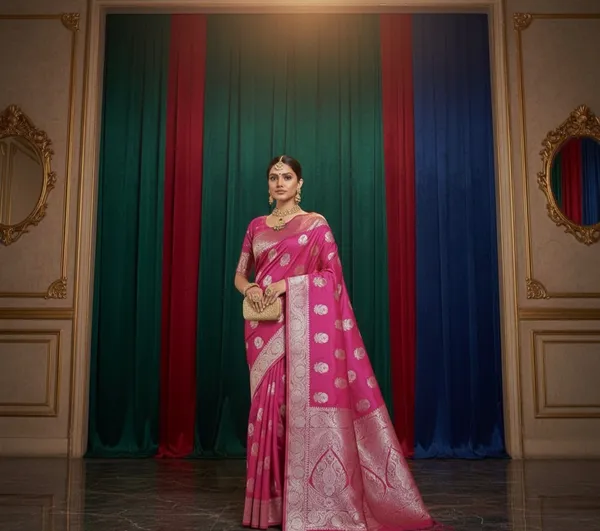 Rani_Pink_Banarasi_Silk_Saree_With_Antique_Silver_Zari