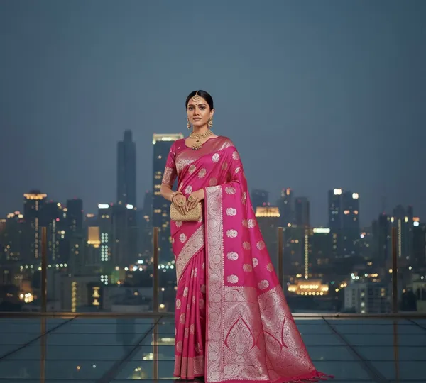 Rani_Pink_Banarasi_Silk_Saree_With_Antique_Silver_Zari