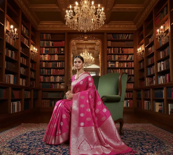 Rani_Pink_Banarasi_Silk_Saree_With_Antique_Silver_Zari