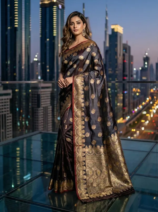 Midnight_Regal_Charcoal_Black_Satin_Silk_Banarasi_Zari_Saree_With_Maroon_Border_Detail