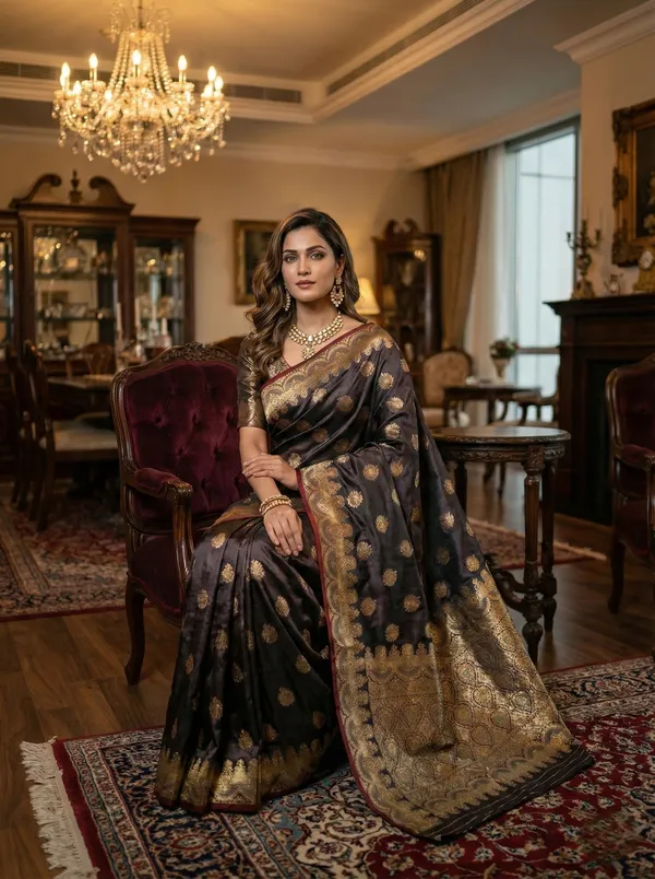 Midnight_Regal_Charcoal_Black_Satin_Silk_Banarasi_Zari_Saree_With_Maroon_Border_Detail