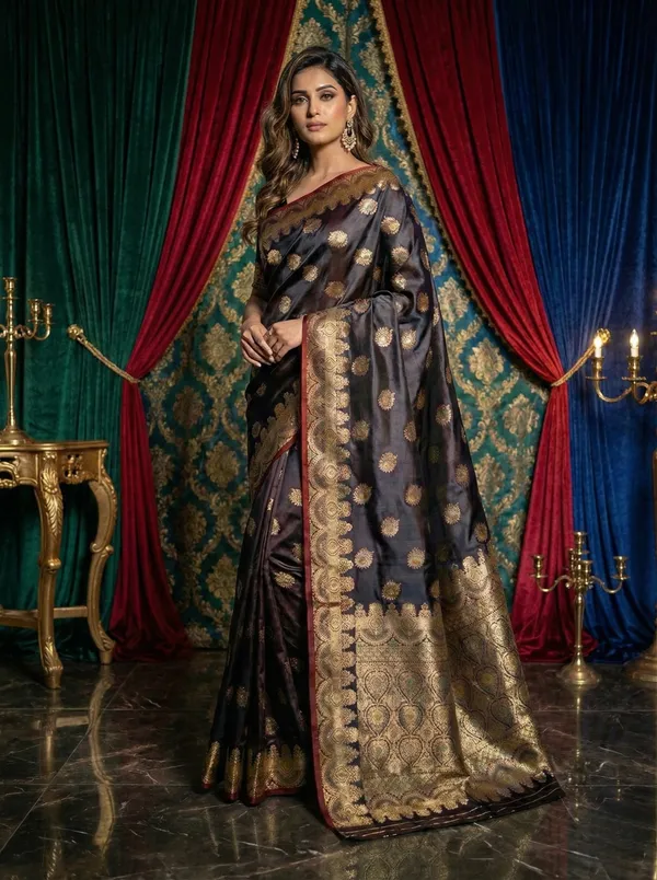 Midnight_Regal_Charcoal_Black_Satin_Silk_Banarasi_Zari_Saree_With_Maroon_Border_Detail