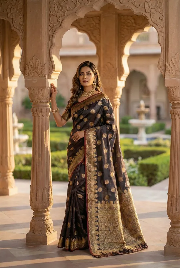 Midnight_Regal_Charcoal_Black_Satin_Silk_Banarasi_Zari_Saree_With_Maroon_Border_Detail