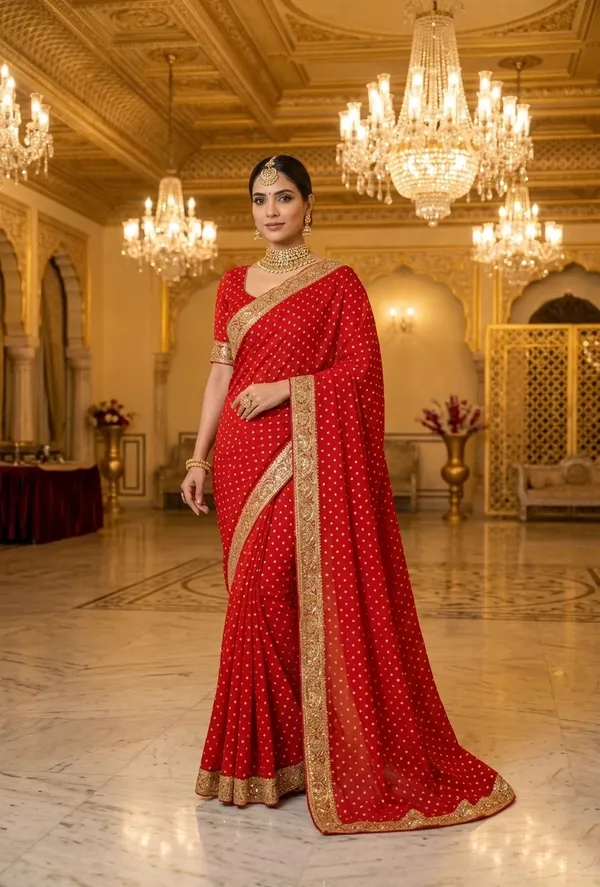 Classic_Vermillion_Red_Polka_Saree_with_Ornate_Gold_Embroidered_Border
