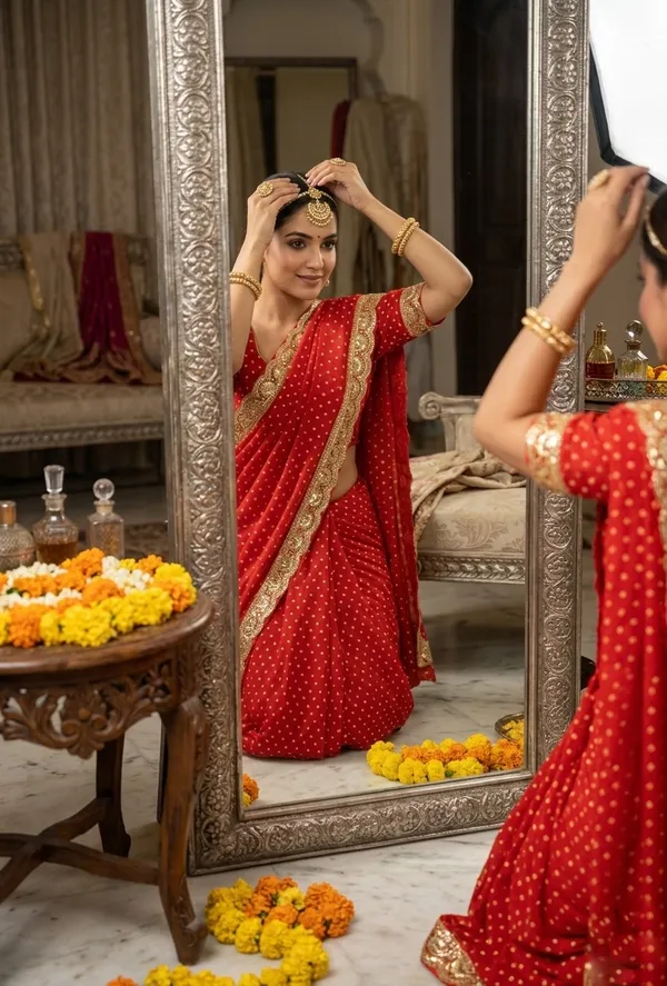Classic_Vermillion_Red_Polka_Saree_with_Ornate_Gold_Embroidered_Border