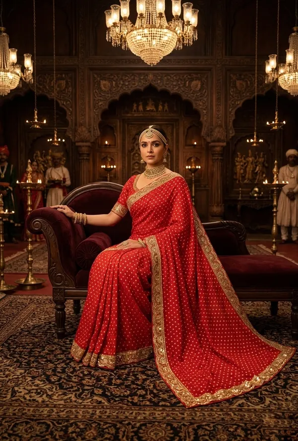 Classic_Vermillion_Red_Polka_Saree_with_Ornate_Gold_Embroidered_Border