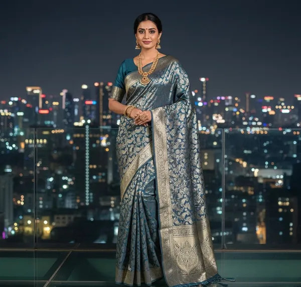 Regal_Teal_Banarasi_Silk_Saree_With_Gold_Zari_Brocade