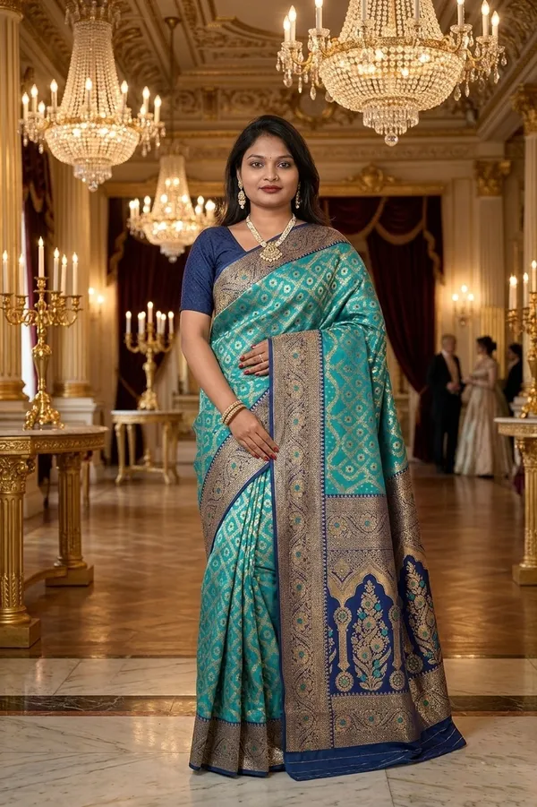 Elegant_Turquoise_Banarasi_Silk_Saree_with_Contrast_Navy_Blue_Zari_Border
