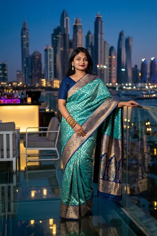 Elegant_Turquoise_Banarasi_Silk_Saree_with_Contrast_Navy_Blue_Zari_Border