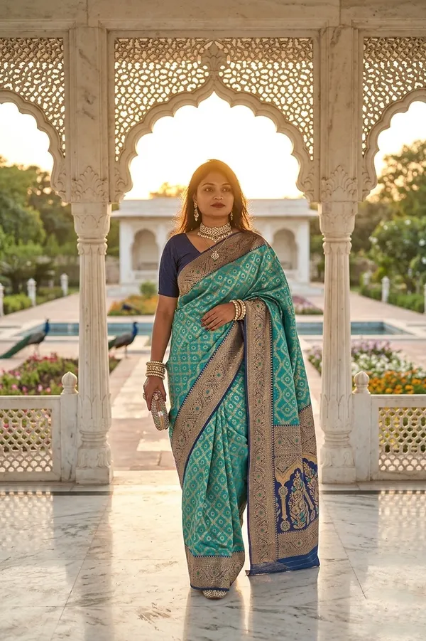 Elegant_Turquoise_Banarasi_Silk_Saree_with_Contrast_Navy_Blue_Zari_Border