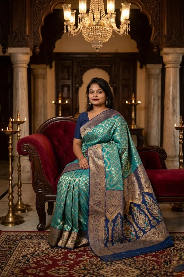Elegant_Turquoise_Banarasi_Silk_Saree_with_Contrast_Navy_Blue_Zari_Border
