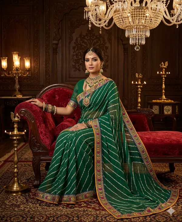 Emerald_Green_Bandhani_Stripe_Elegance_Saree