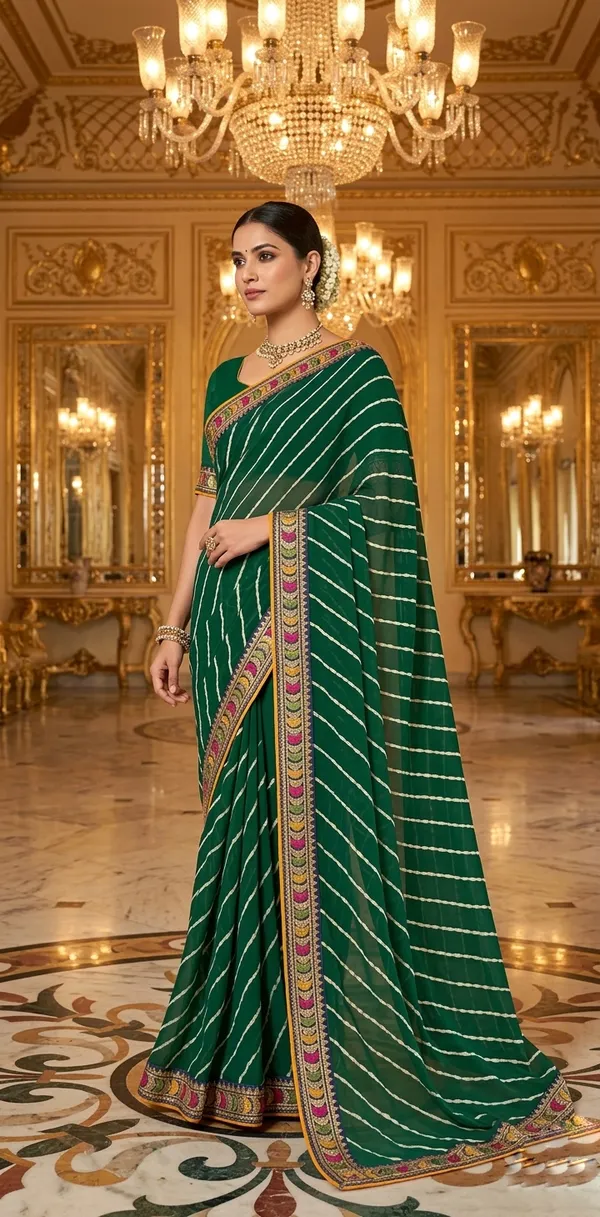 Emerald_Green_Bandhani_Stripe_Elegance_Saree