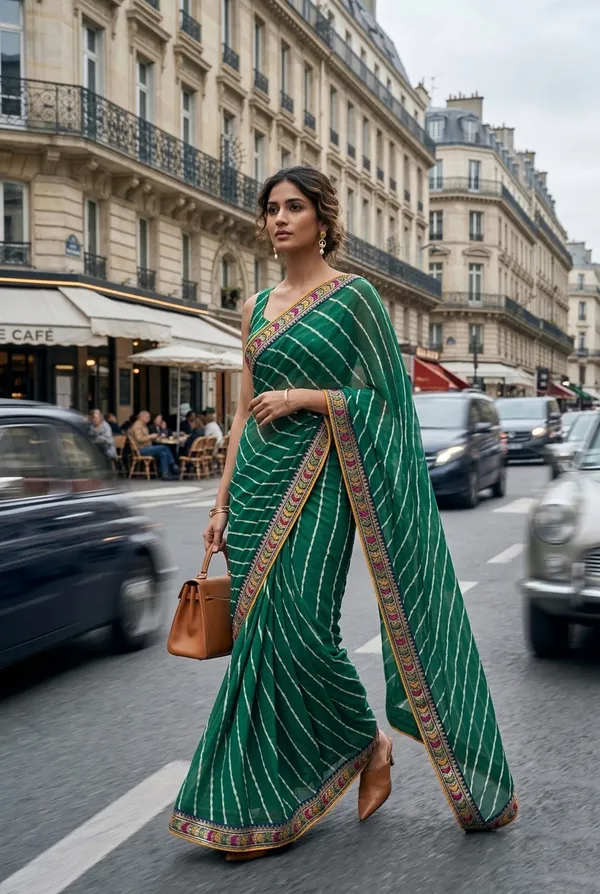 Emerald_Green_Bandhani_Stripe_Elegance_Saree