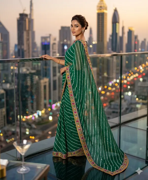 Emerald_Green_Bandhani_Stripe_Elegance_Saree