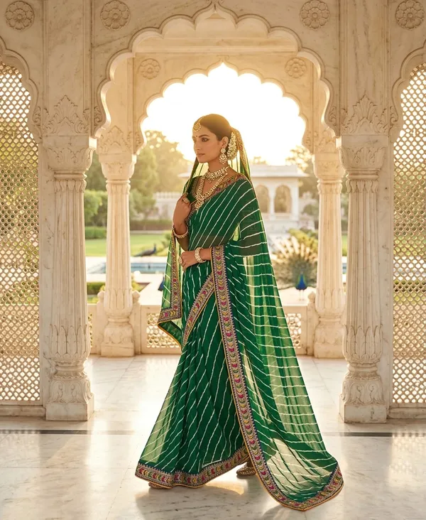 Emerald_Green_Bandhani_Stripe_Elegance_Saree