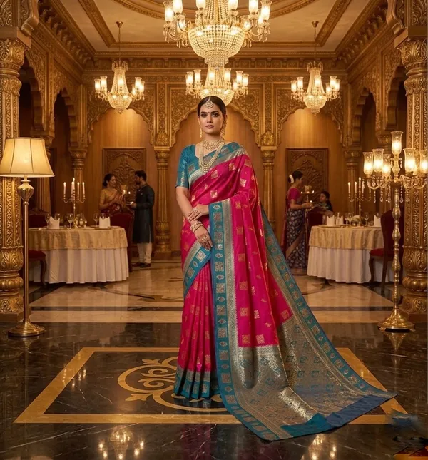 Exquisite_Rani_Pink_Silk_Saree_with_Contrast_Teal_Blue_Zari_Border