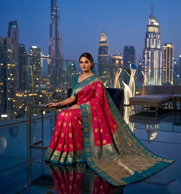 Exquisite_Rani_Pink_Silk_Saree_with_Contrast_Teal_Blue_Zari_Border