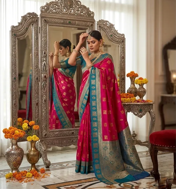 Exquisite_Rani_Pink_Silk_Saree_with_Contrast_Teal_Blue_Zari_Border