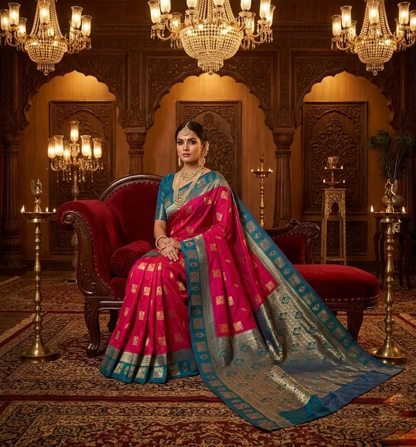 Exquisite_Rani_Pink_Silk_Saree_with_Contrast_Teal_Blue_Zari_Border