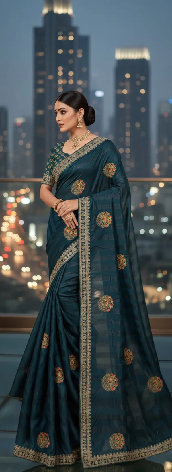 Deep_Teal_Opulent_Woven_Saree_With_Patchwork_Motifs