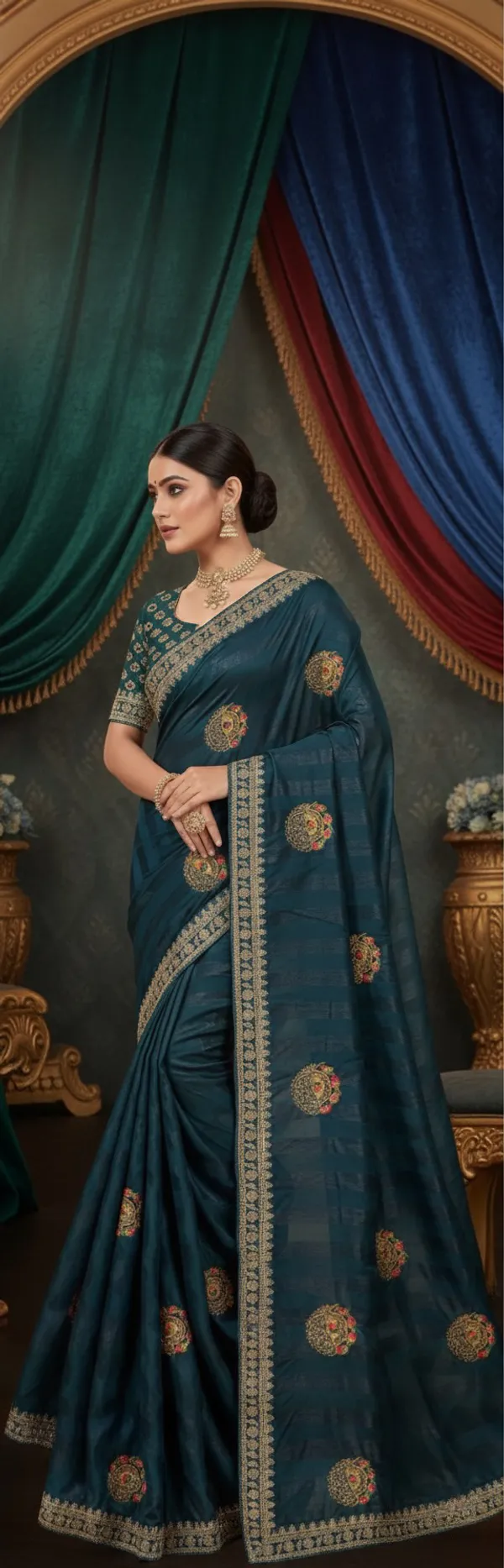 Deep_Teal_Opulent_Woven_Saree_With_Patchwork_Motifs