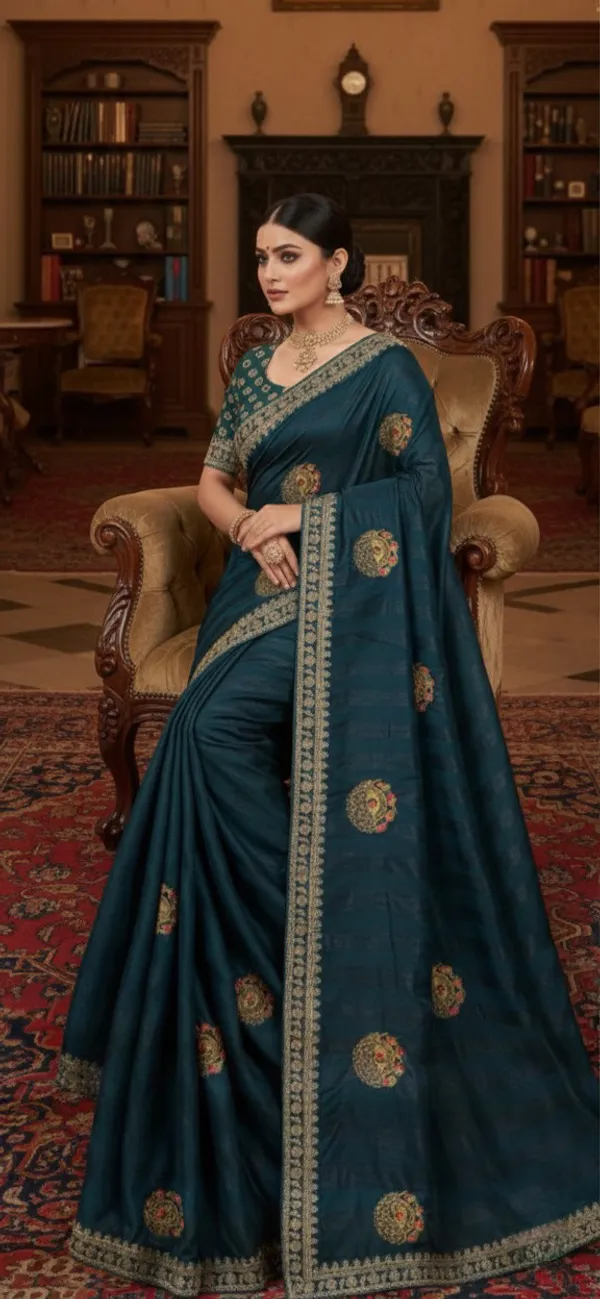 Deep_Teal_Opulent_Woven_Saree_With_Patchwork_Motifs