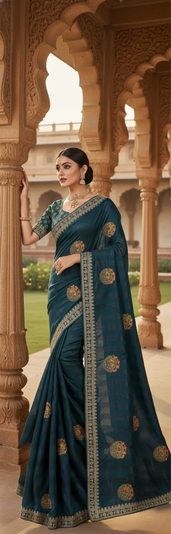 Deep_Teal_Opulent_Woven_Saree_With_Patchwork_Motifs