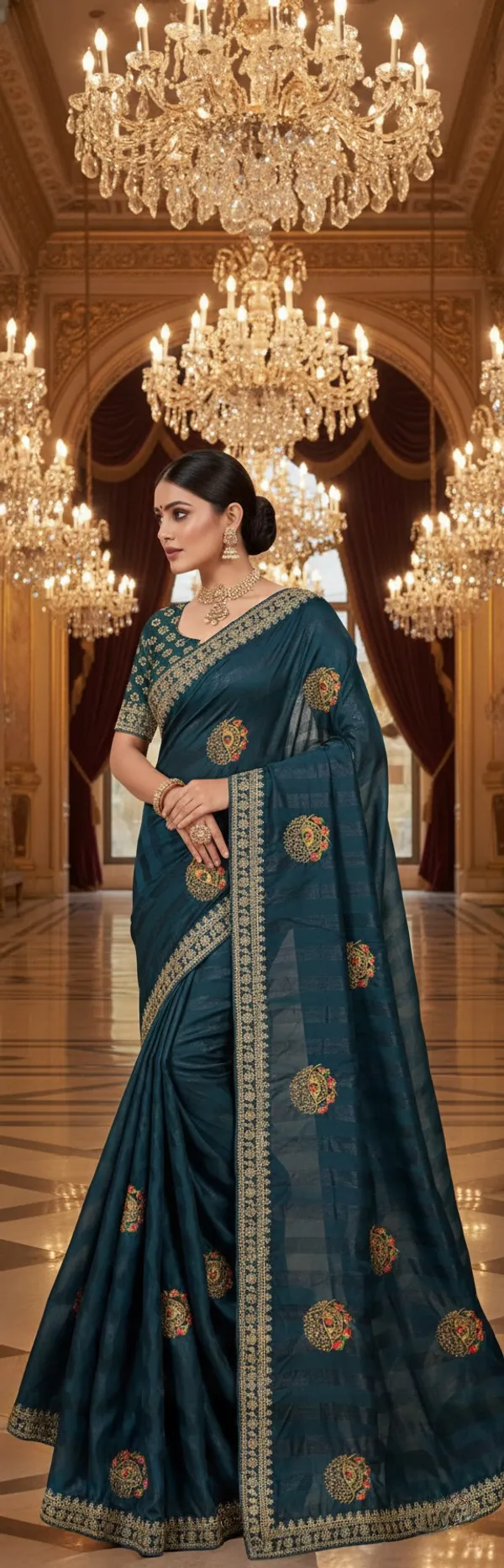 Deep_Teal_Opulent_Woven_Saree_With_Patchwork_Motifs