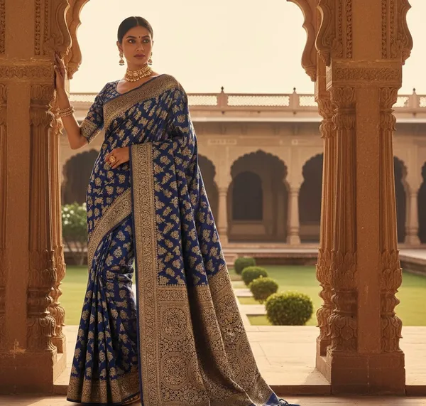Navy_Blue_Banarasi_Satin_Silk_Saree_With_Antique_Gold_Zari_Brocade