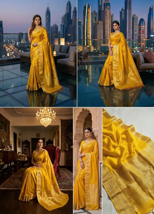 Radiant_Golden_Organza_Saree_With_Rich_Gold_Zari_Border