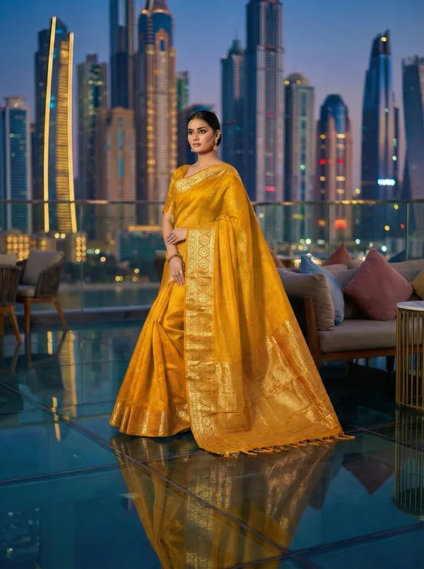 Radiant_Golden_Organza_Saree_With_Rich_Gold_Zari_Border