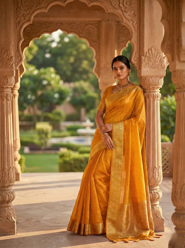 Radiant_Golden_Organza_Saree_With_Rich_Gold_Zari_Border