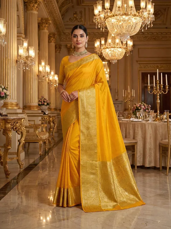 Radiant_Golden_Organza_Saree_With_Rich_Gold_Zari_Border