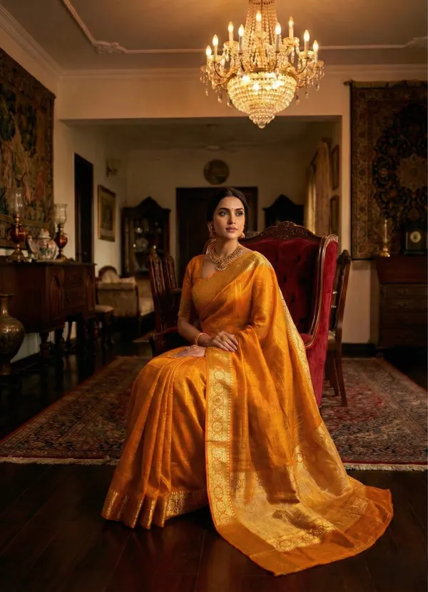 Radiant_Golden_Organza_Saree_With_Rich_Gold_Zari_Border