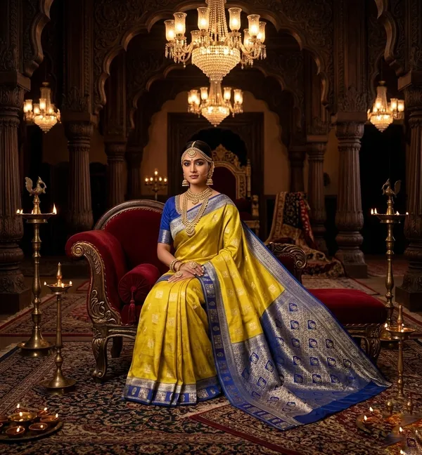 Majestic_Mustard_Yellow_Silk_Saree_with_Contrast_Royal_Blue_Zari_Border