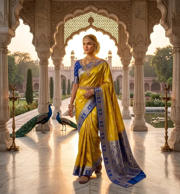Majestic_Mustard_Yellow_Silk_Saree_with_Contrast_Royal_Blue_Zari_Border
