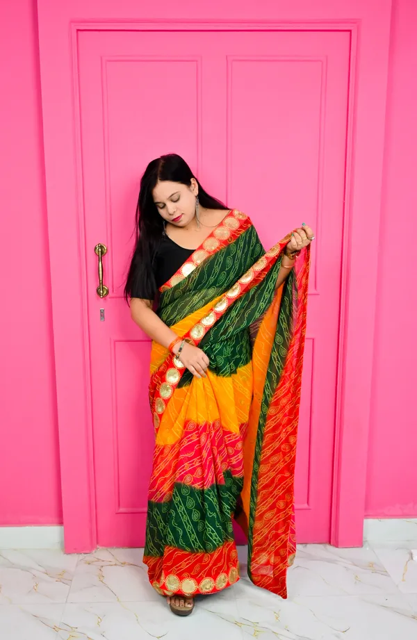 Multicolour_Bandhani_And_Patola_Style_Saree_With_Border